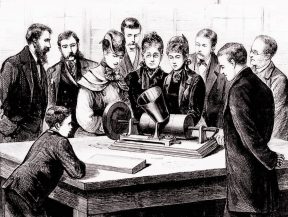 Thomas Edison demonstrates his phonograph at his laboratory, March 1878
